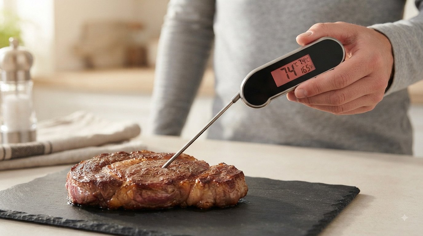 Termómetro de cocina insertado en una pieza de carne comprobando la temperatura interna