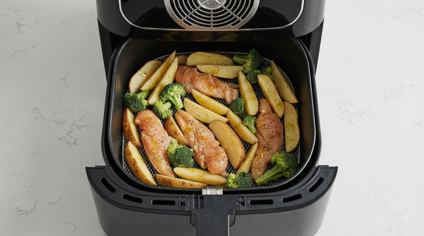 Verduras variadas cocinándose en freidora de aire