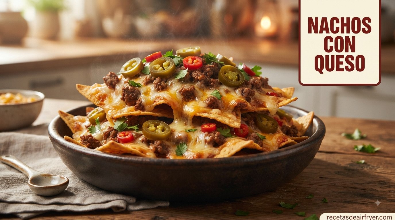Nachos con queso fundido en dos capas, carne picada y jalapeños, recién sacados de la freidora de aire