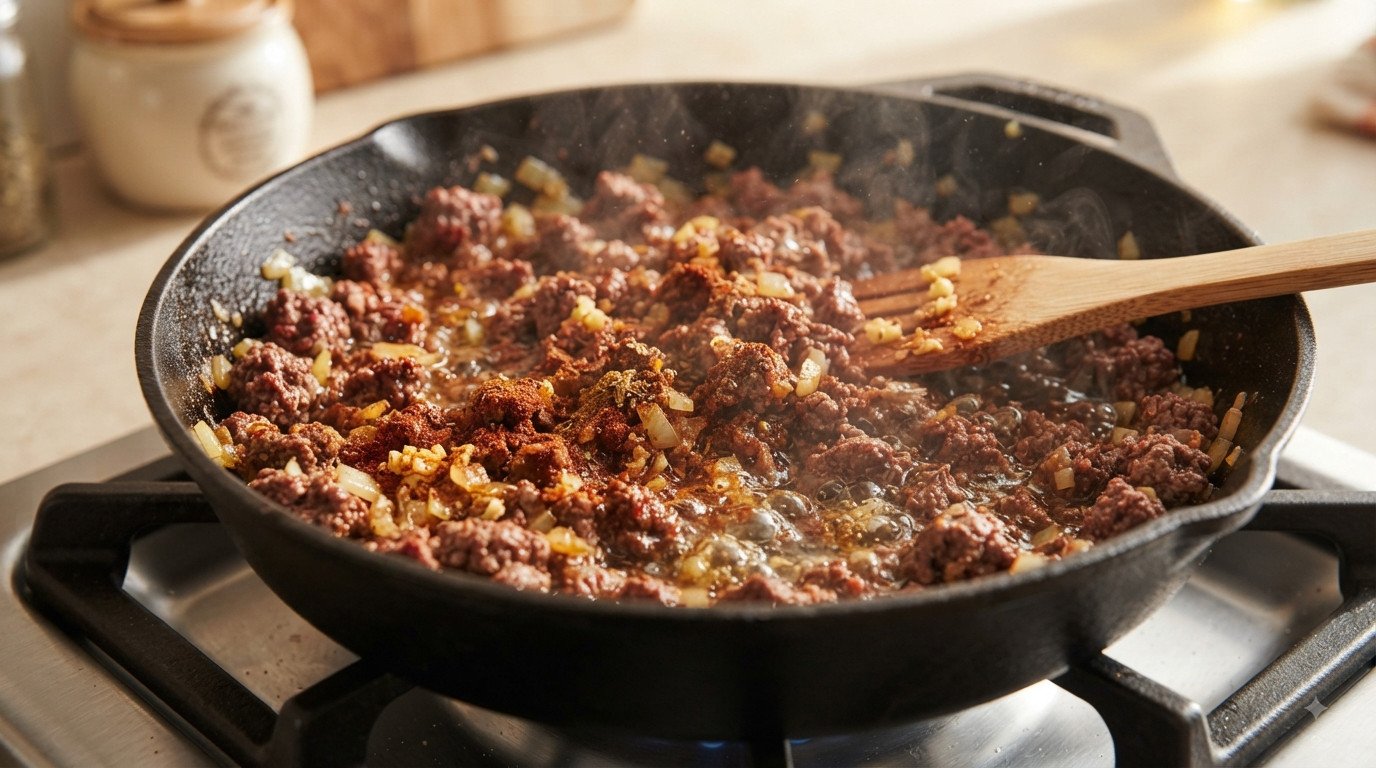 Carne picada sofriéndose en sartén con cebolla y especias para los nachos