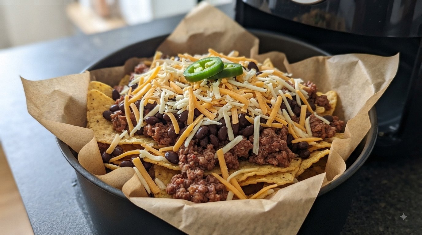 Dos capas de nachos con queso, carne, frijoles y jalapeños montadas en la cesta