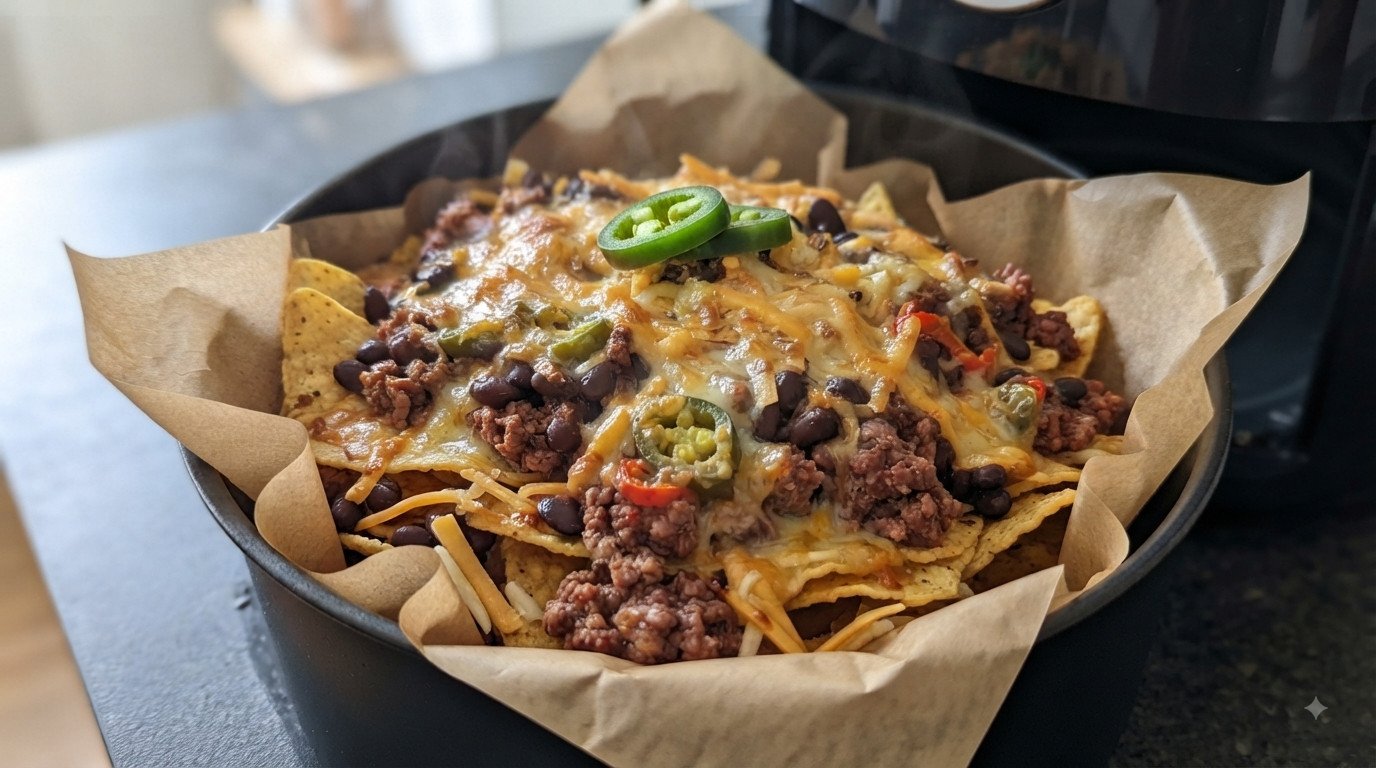 Nachos con queso fundido y burbujeante recién sacados de la freidora de aire