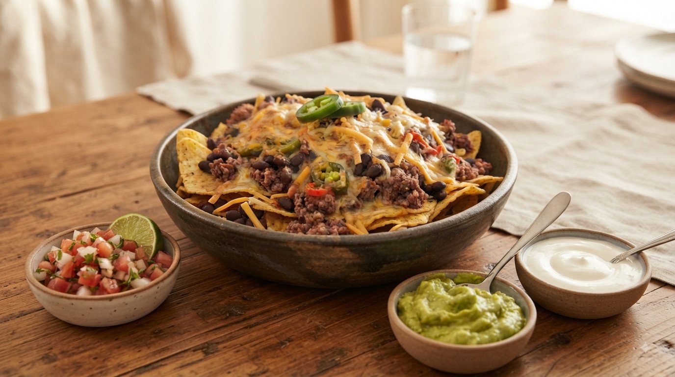 Nachos con queso servidos con pico de gallo, guacamole y crema agria en cuencos aparte