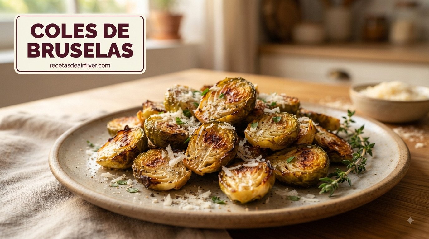 Coles de Bruselas en freidora de aire doradas y crujientes cortadas por la mitad, con parmesano
