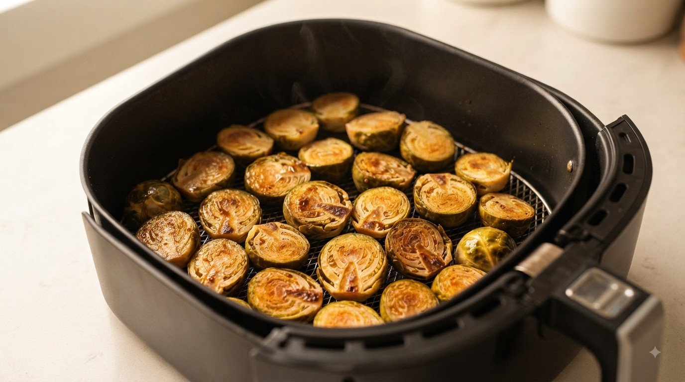Coles de Bruselas doradas y crujientes recién sacadas de la freidora de aire