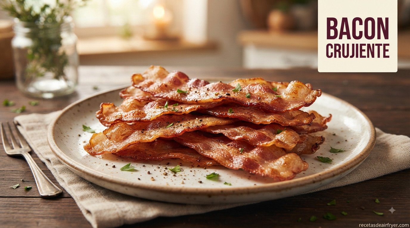 Lonchas de bacon crujiente doradas apiladas en plato, hechas en freidora de aire