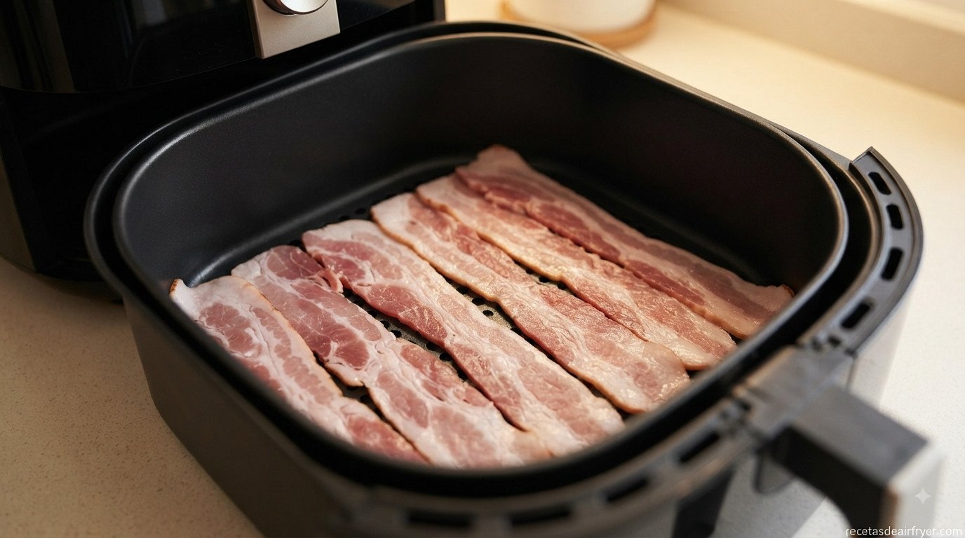 Lonchas de bacon listas para cocinar en freidora de aire