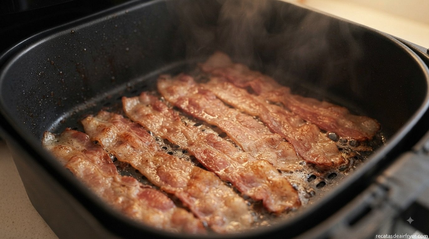 Bacon a mitad de cocción, empezando a dorarse, dentro de la freidora de aire