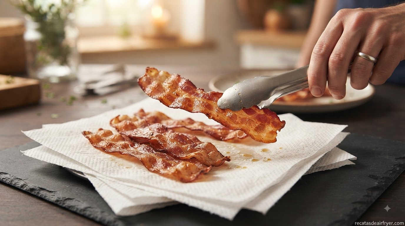 Bacon dorándose dentro de la cesta de la freidora de aire