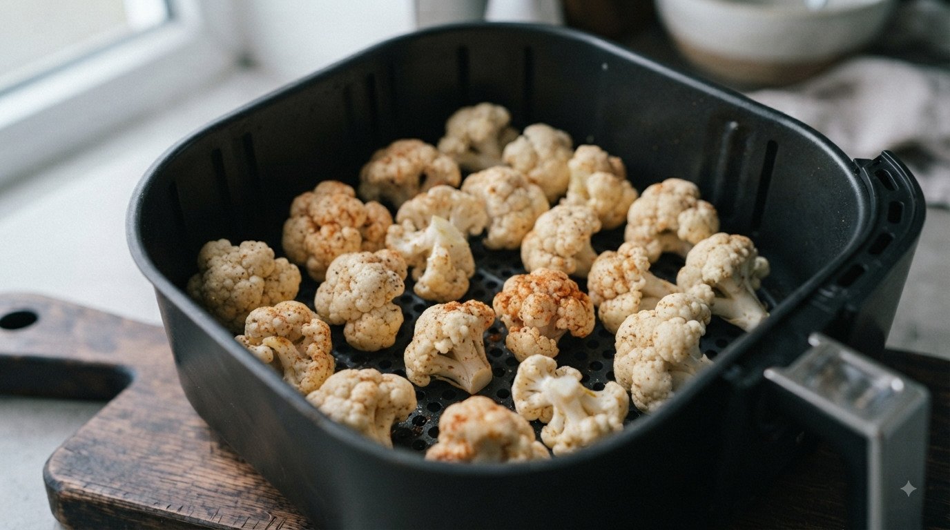 Ramitos de coliflor a mitad de cocción siendo agitados en la cesta de la freidora