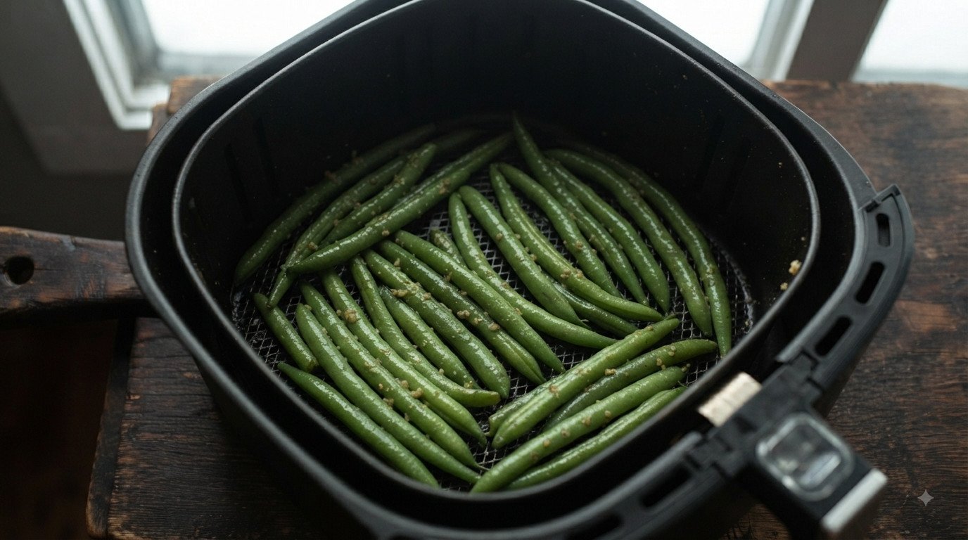 Champiñones rellenos en un recipiente apto para freidora de aire, dentro de la cesta