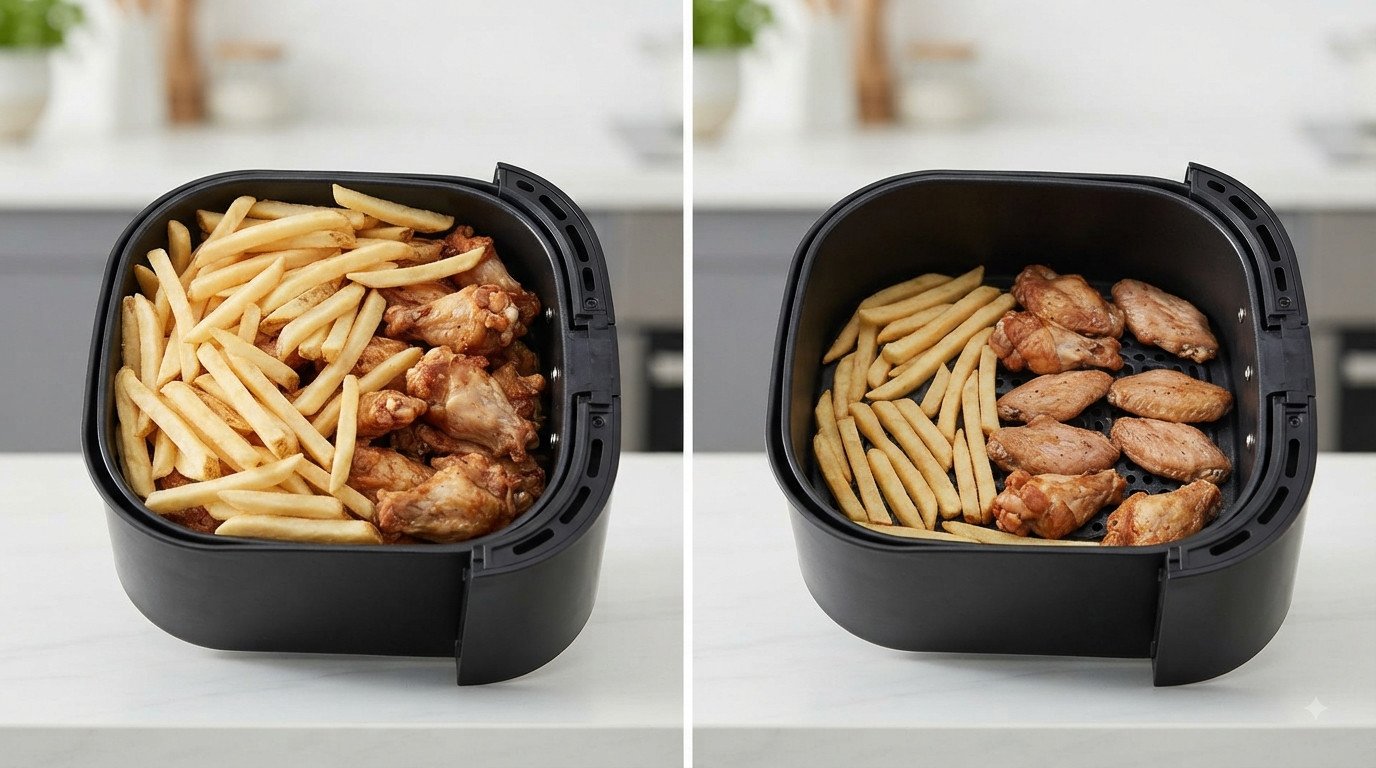 Comparación entre cesta de freidora amontonada y cesta con espacio entre alimentos