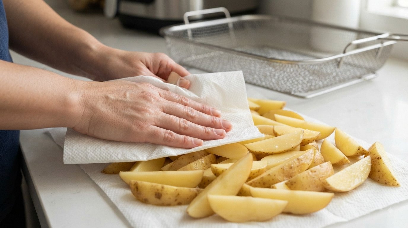 Alimentos siendo secados con papel de cocina antes de meter en la freidora de aire