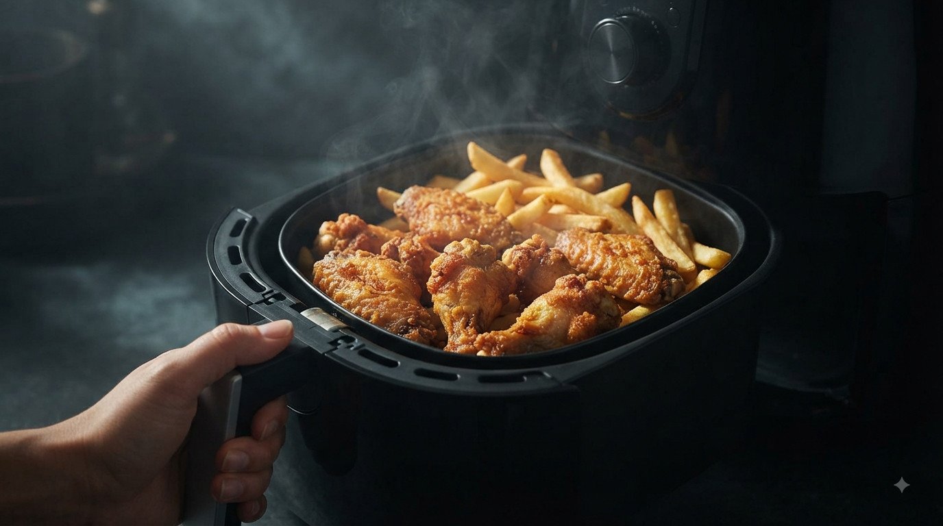 Comida dorada y crujiente recién sacada de la freidora de aire