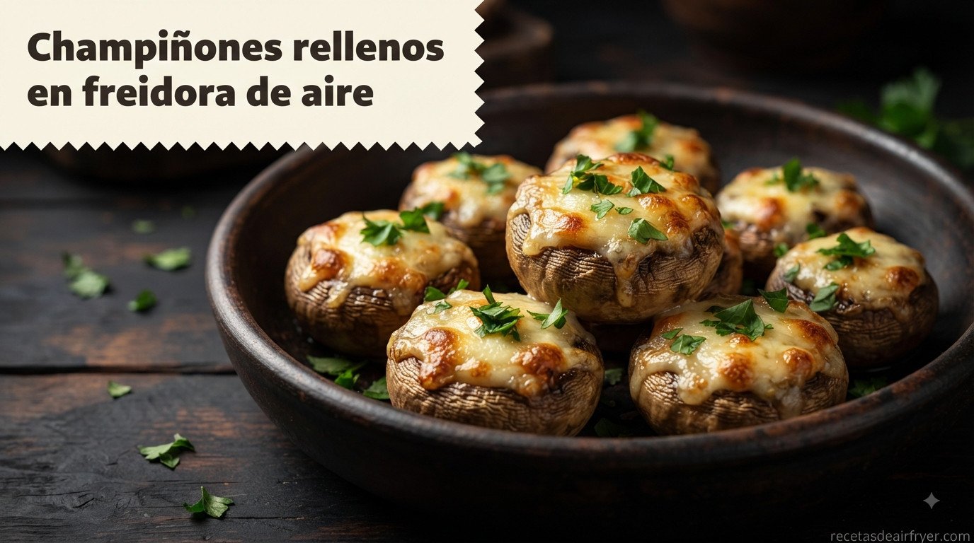 Champiñones rellenos en freidora de aire, dorados y con queso gratinado