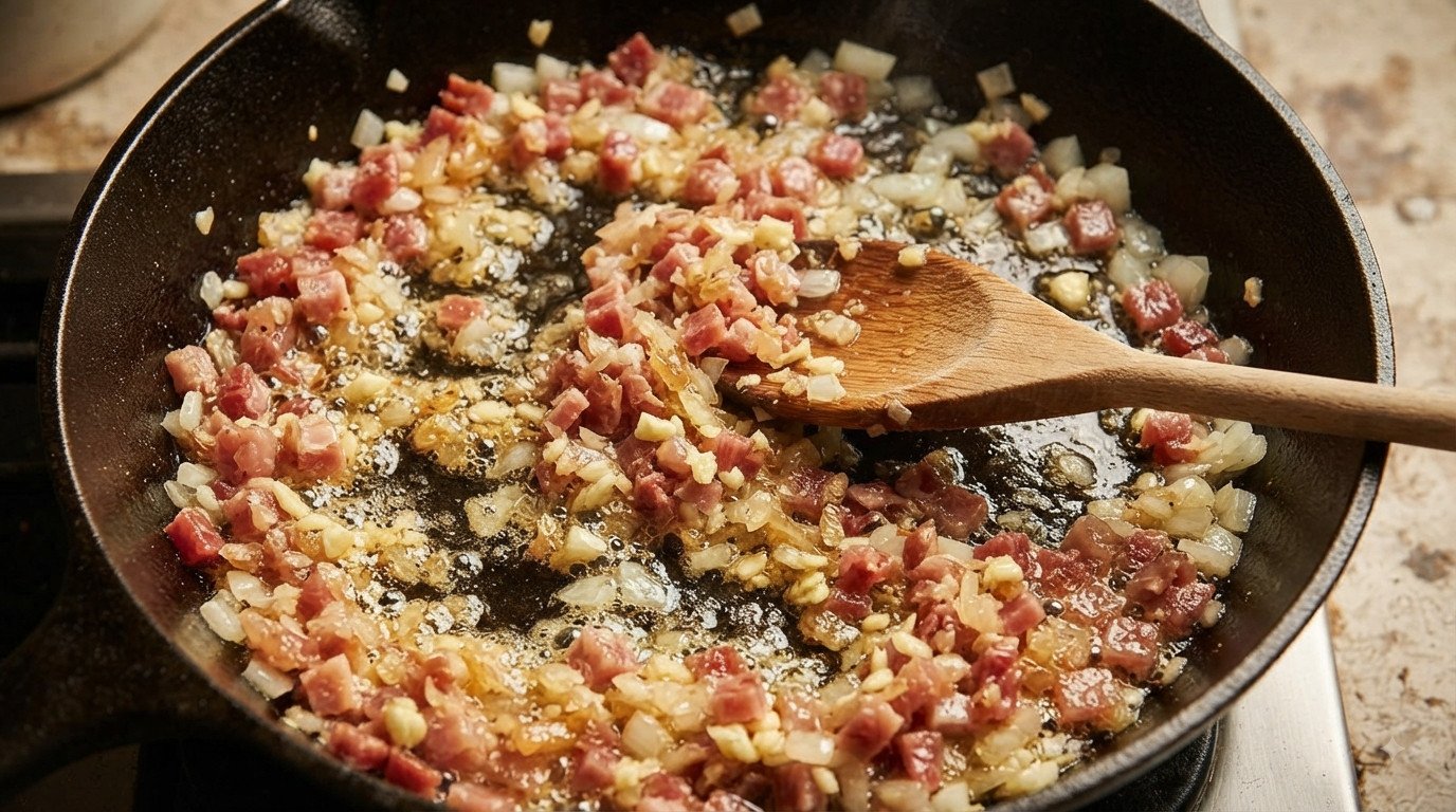 Relleno de jamón, ajo y cebolla pochándose en una sartén