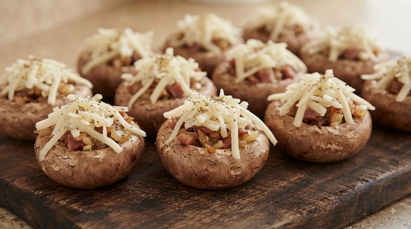 Champiñones ya rellenos con jamón y cubiertos de queso rallado, antes de cocinar