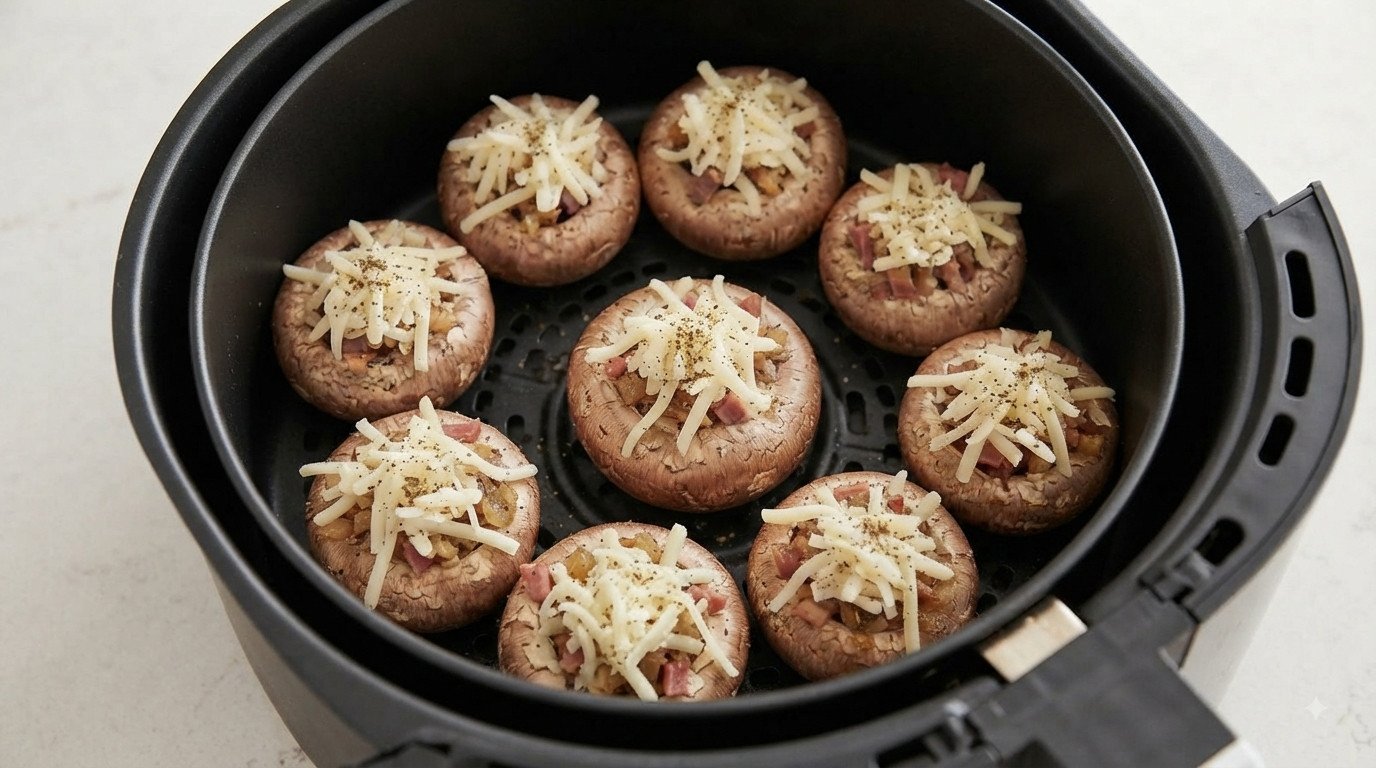 Champiñones rellenos en un recipiente apto para freidora de aire, dentro de la cesta