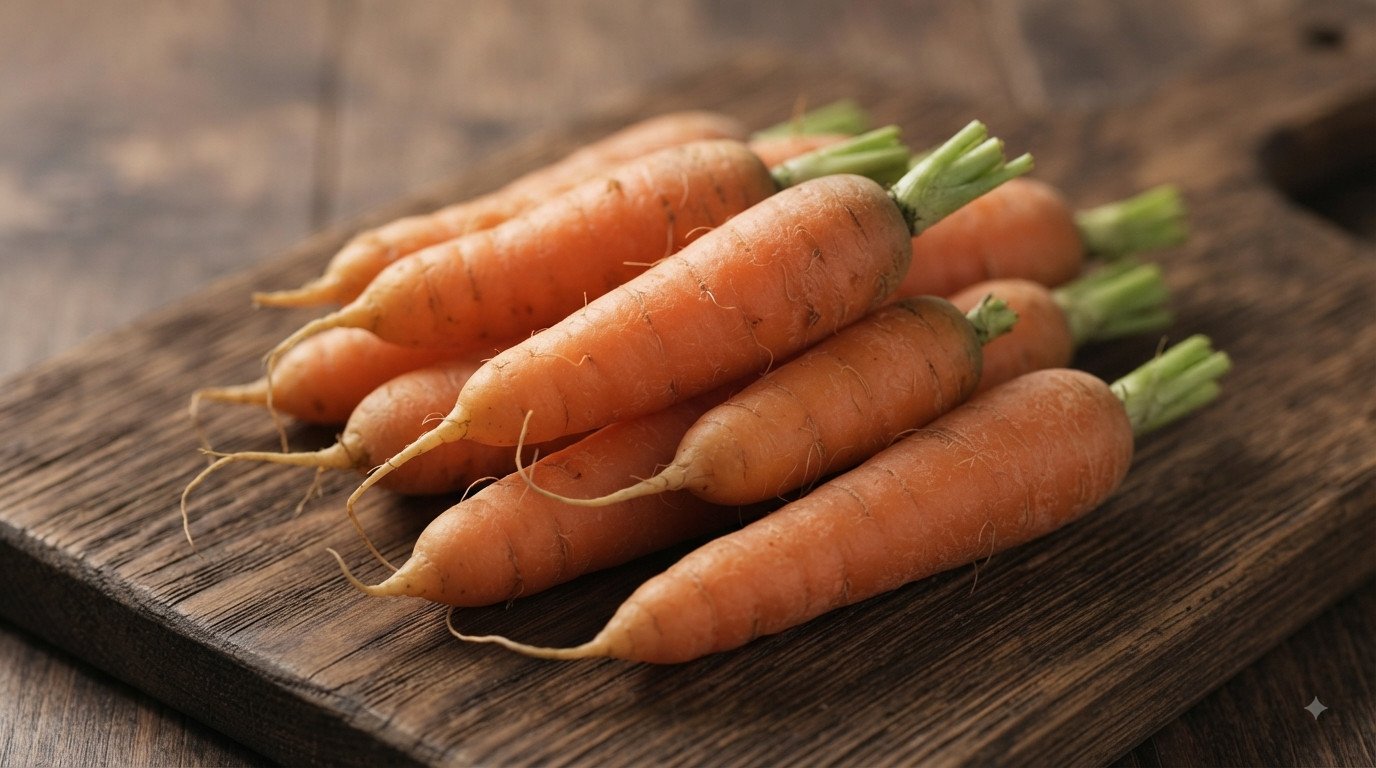 Zanahorias baby frescas enteras sobre tabla de madera, sin pelar
