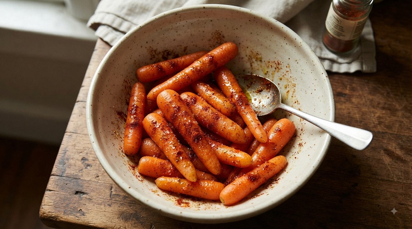 Zanahorias baby mezcladas con aceite y pimentón ahumado en un bol