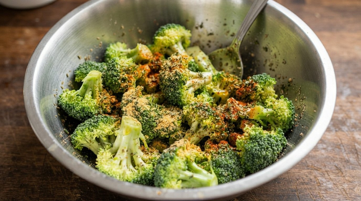 Ramitos de brócoli mezclados con aceite y ajo en polvo en un bol