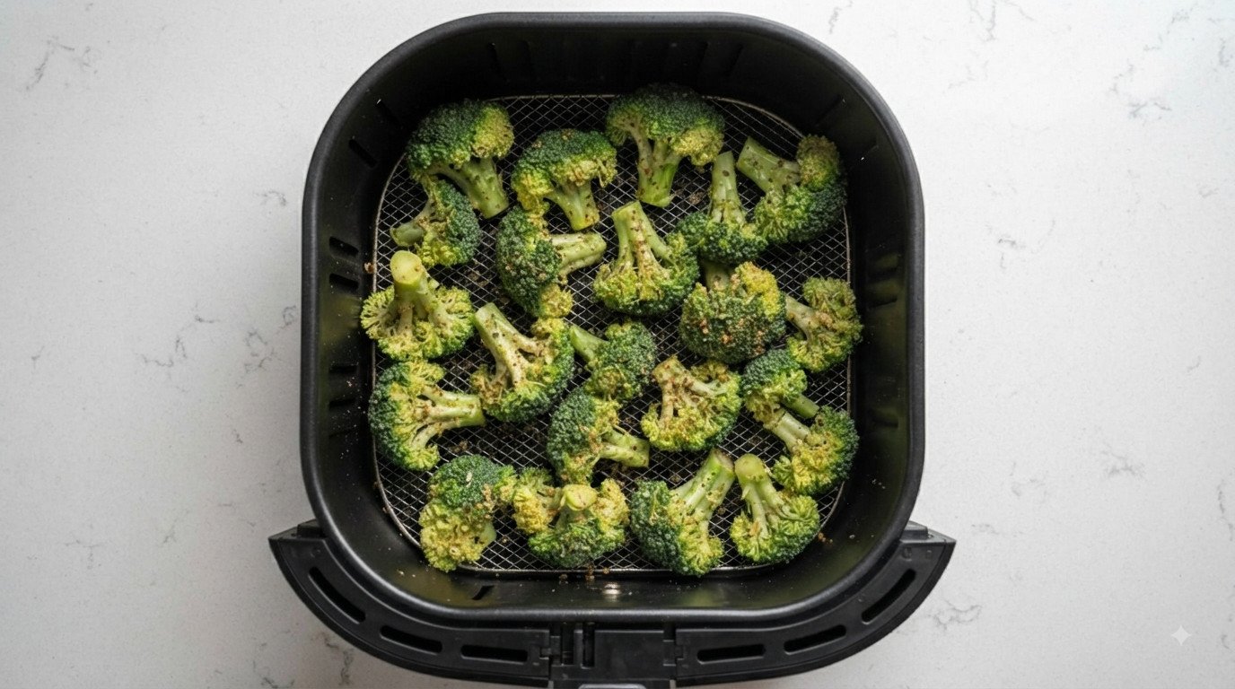 Cesta de la freidora de aire con los ramitos de brócoli en una sola capa