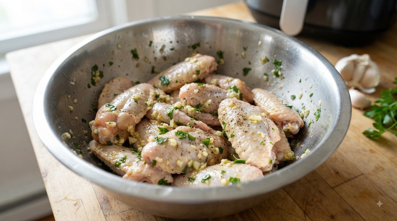 Alitas de pollo crudas marinándose con ajo, aceite y perejil en un bol