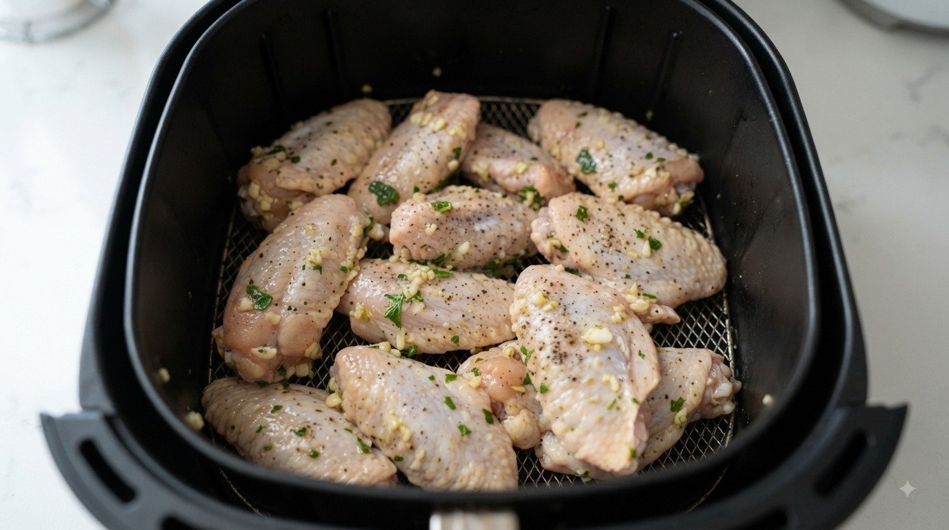 Alitas de pollo en la cesta de la freidora de aire en una sola capa