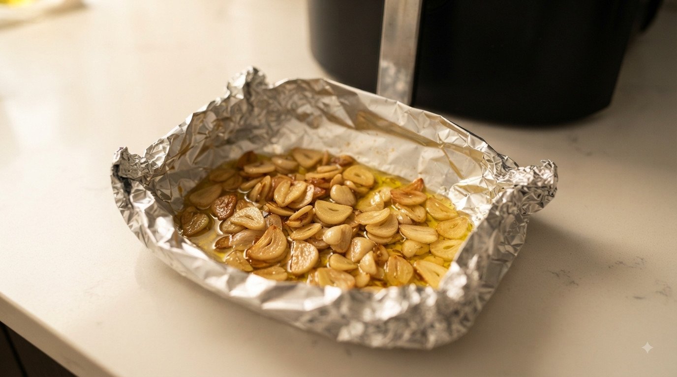 Paquete de papel de aluminio con ajo laminado y aceite listo para la freidora