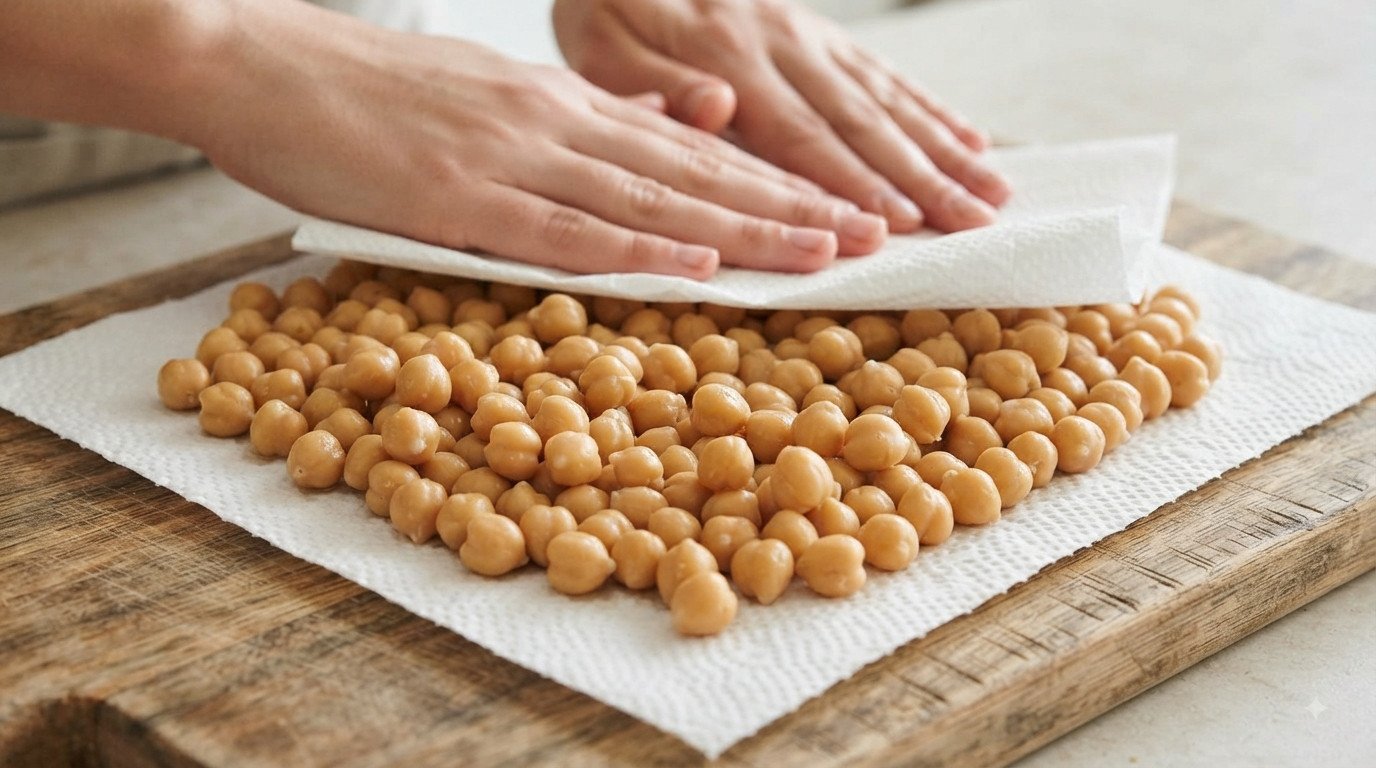 Garbanzos cocidos siendo secados con papel de cocina