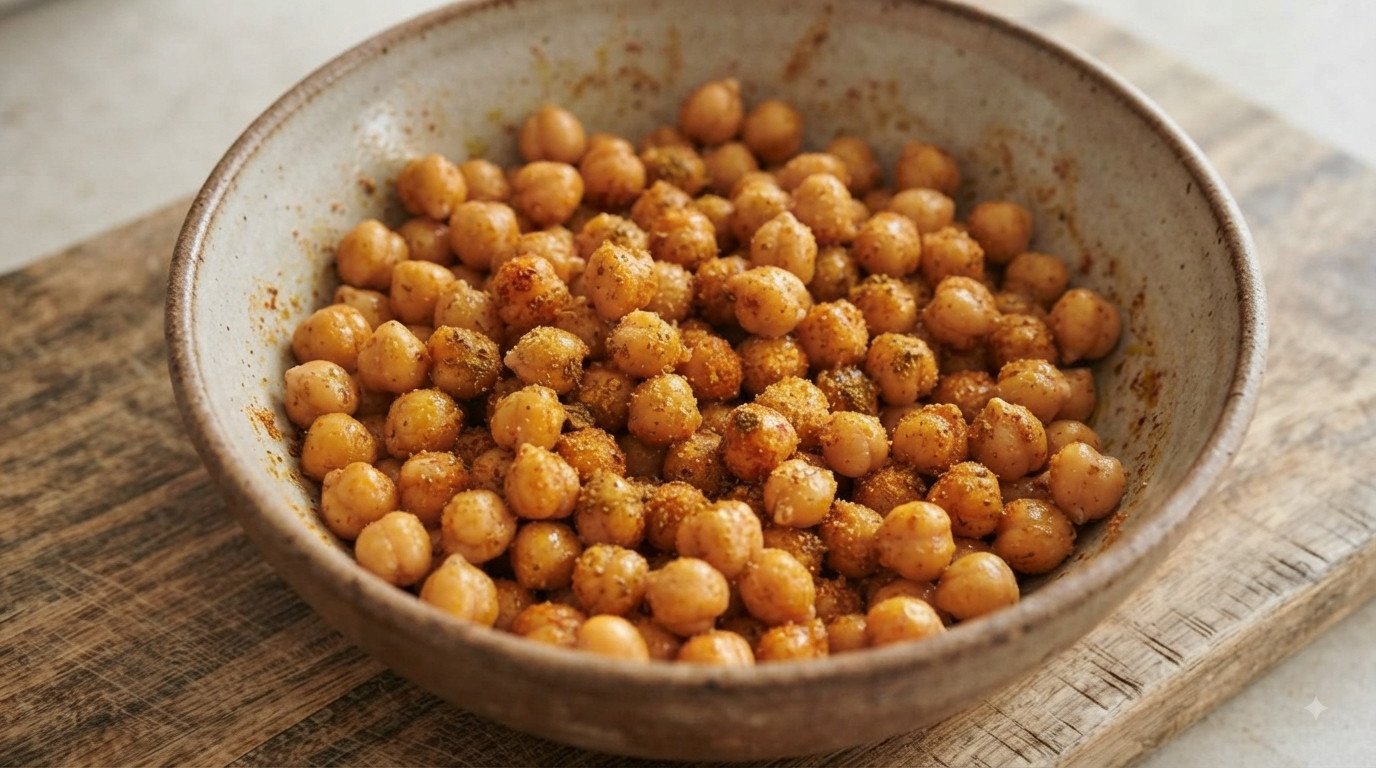 Garbanzos mezclados con aceite y especias en un bol