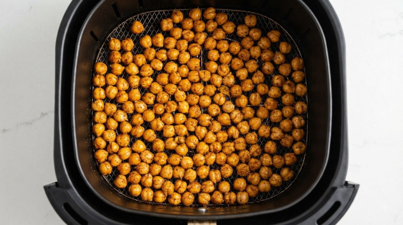 Cesta de la freidora de aire con los garbanzos extendidos en una sola capa