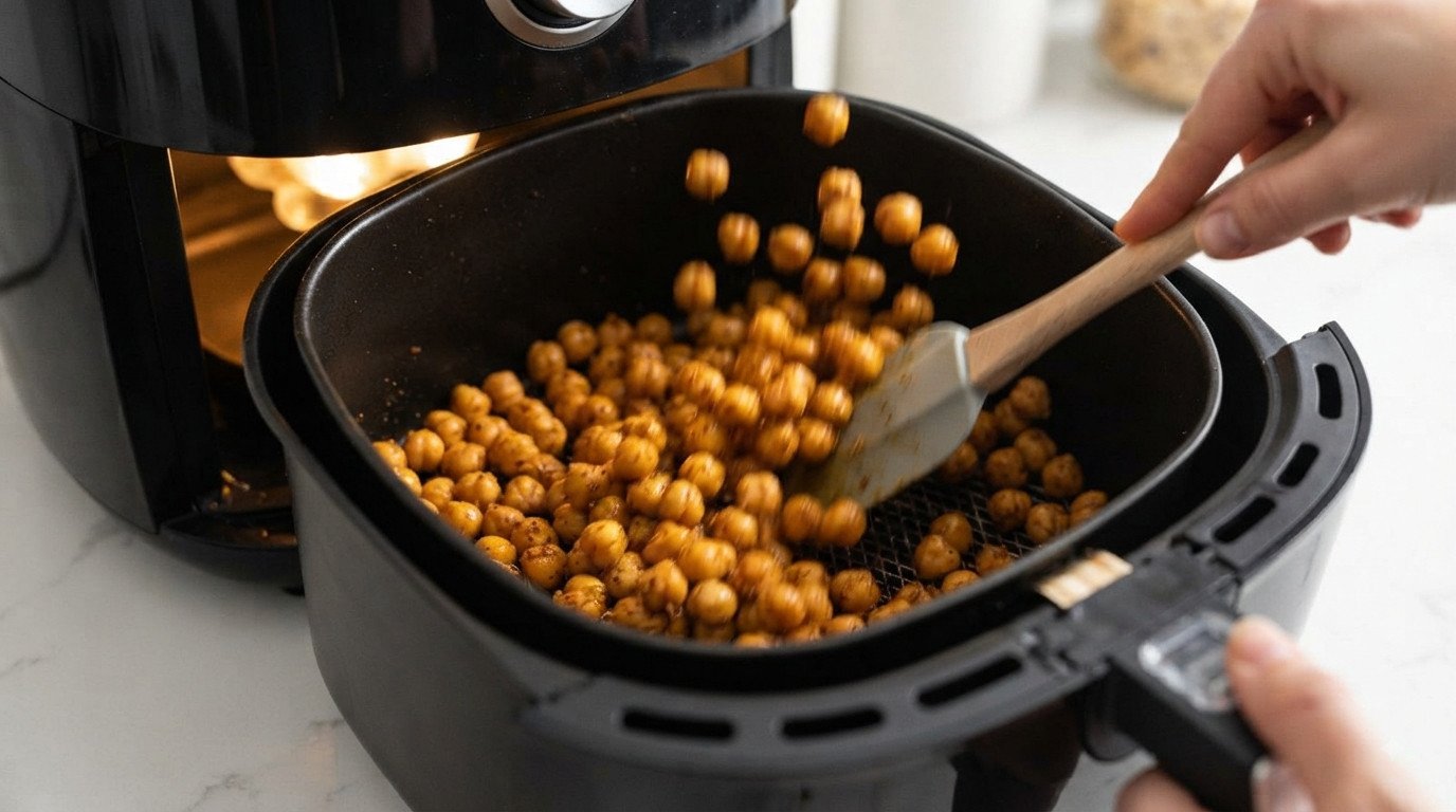 Garbanzos a mitad de cocción siendo agitados en la cesta de la freidora