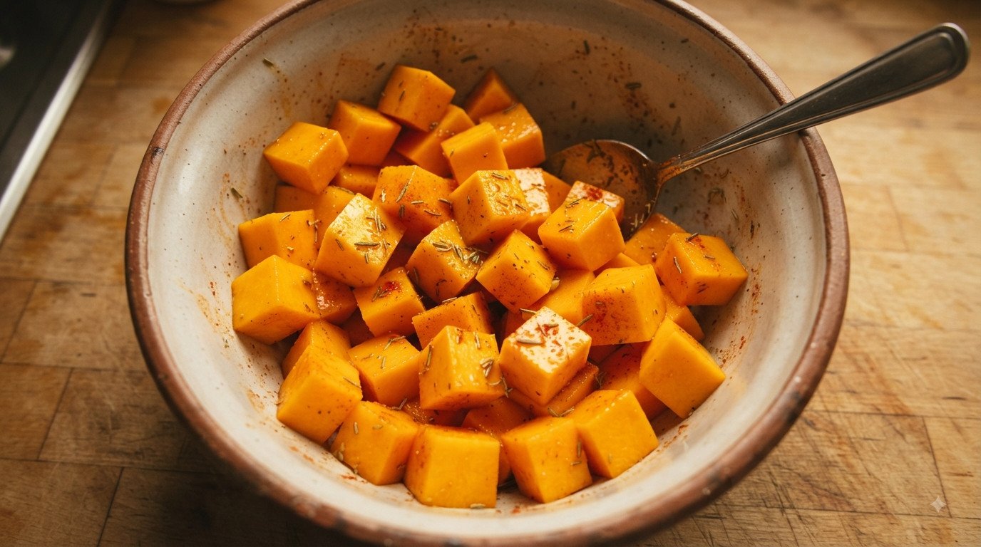 Calabaza mezclada con aceite y especias