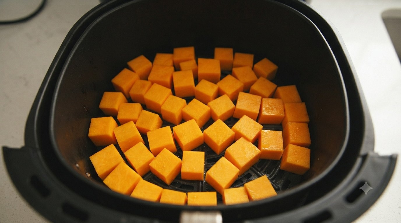 Calabaza colocada en una sola capa en la freidora de aire