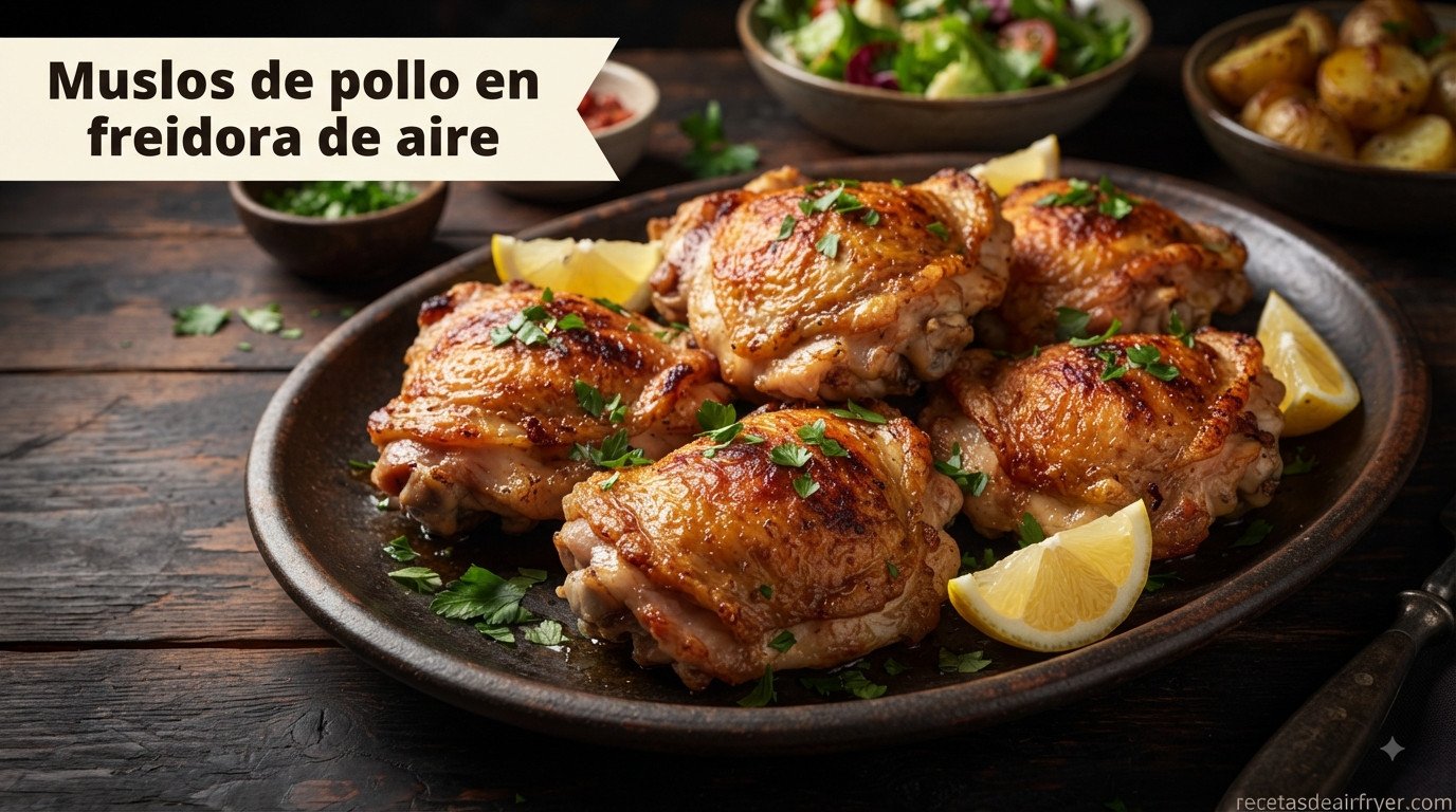 Muslos de pollo en freidora de aire, con la piel dorada y crujiente