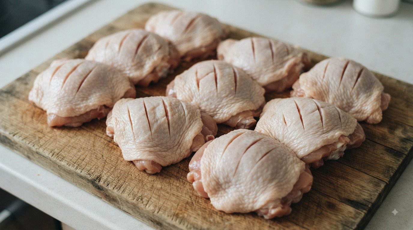 Muslos de pollo crudos con cortes superficiales sobre tabla de madera