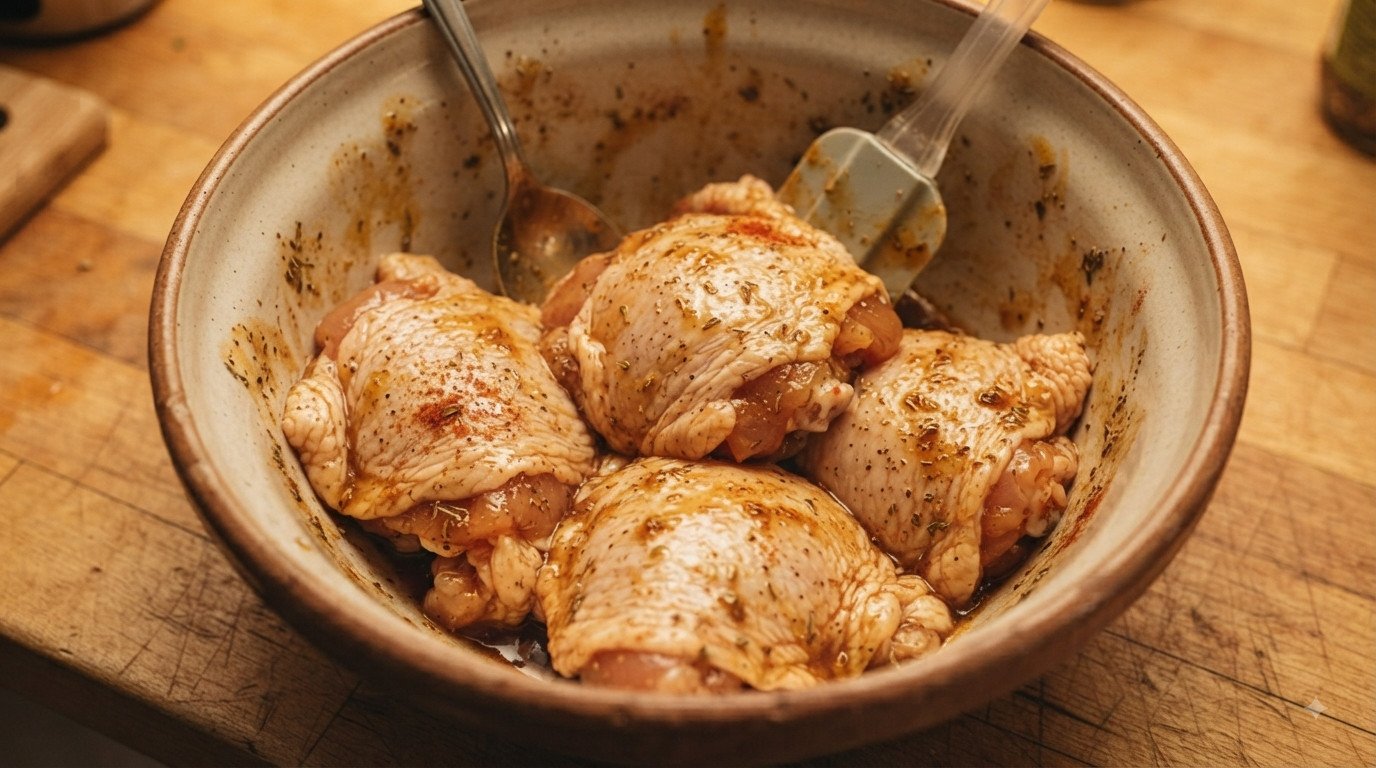 Muslos de pollo untados con el adobo de miel y especias en un bol