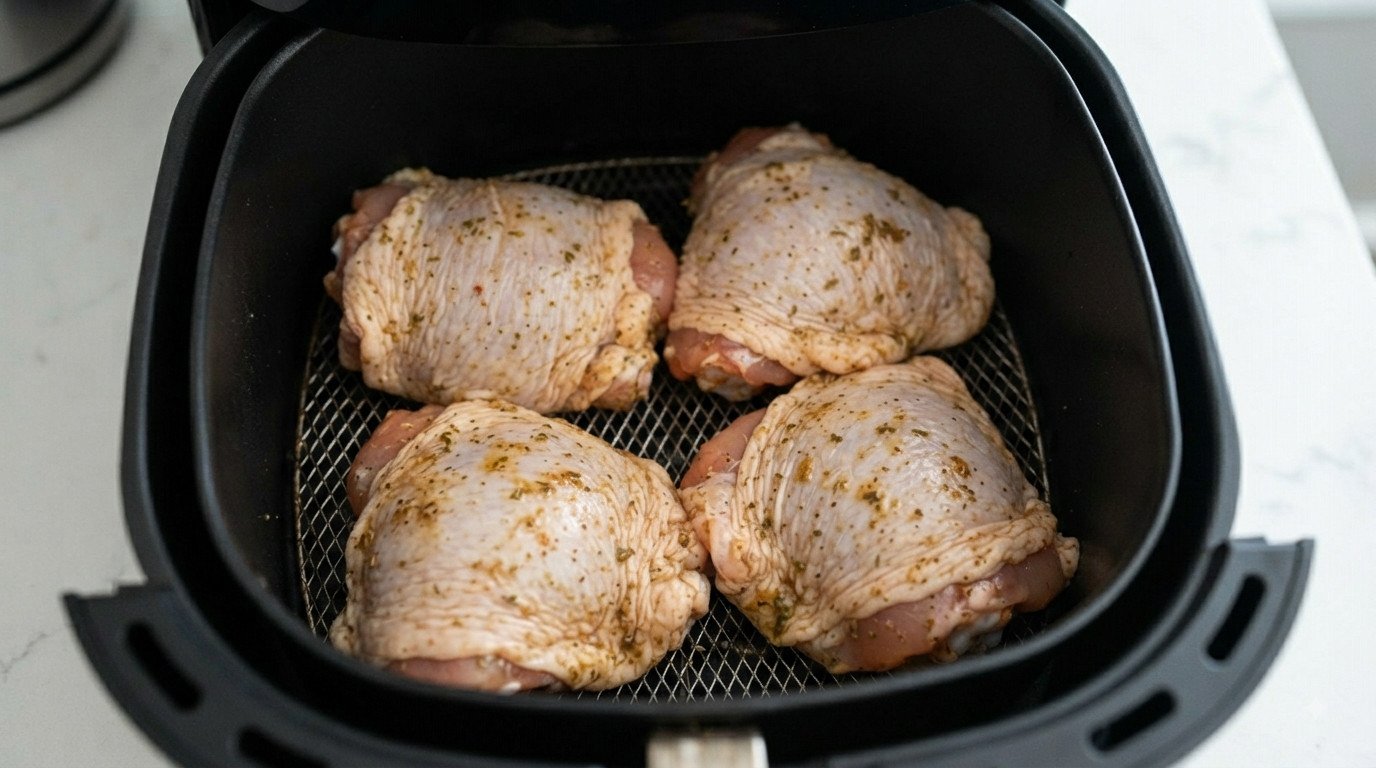 Muslos de pollo en la cesta de la freidora de aire con la piel hacia arriba