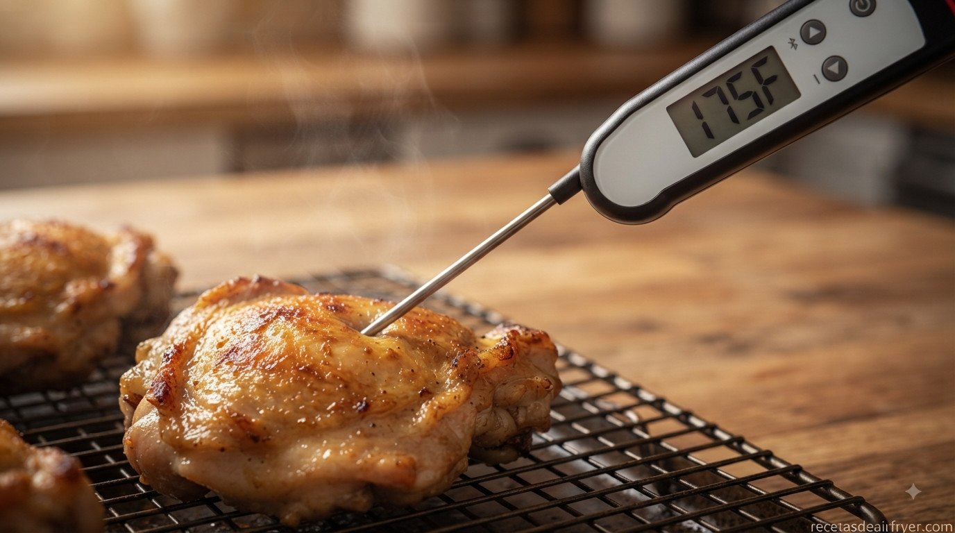 Termómetro de cocina insertado en un muslo de pollo mostrando la temperatura