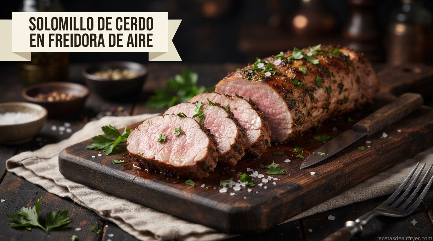 Solomillo de cerdo en freidora de aire, jugoso y cortado en rodajas