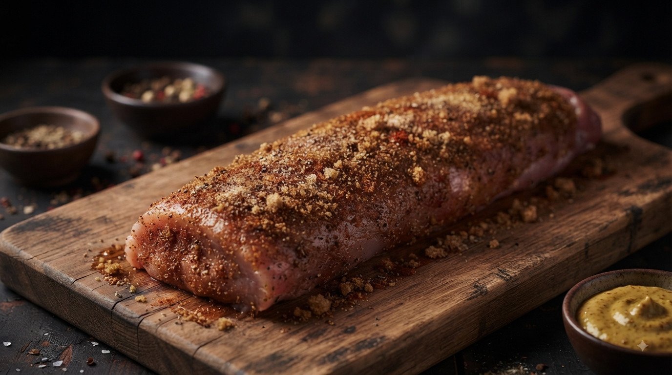 Solomillo de cerdo cubierto con el rub de especias y azúcar moreno