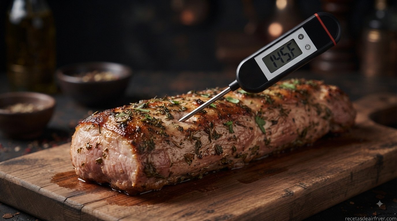 Termómetro de cocina comprobando la temperatura del solomillo de cerdo