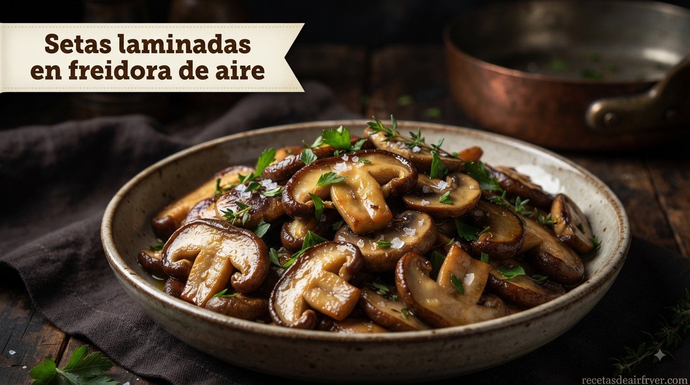 Setas laminadas en freidora de aire, doradas y jugosas