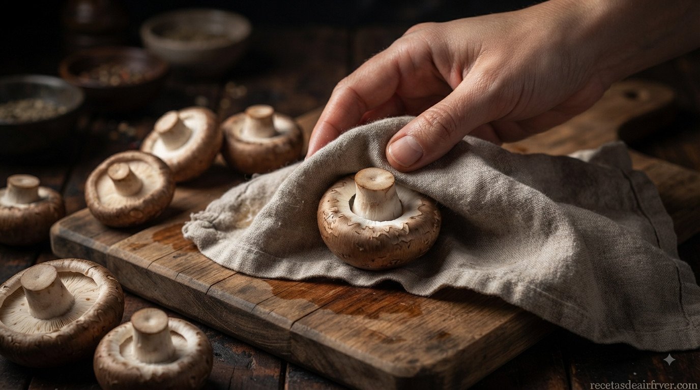 Setas variadas frescas siendo limpiadas con un paño húmedo sobre tabla de madera