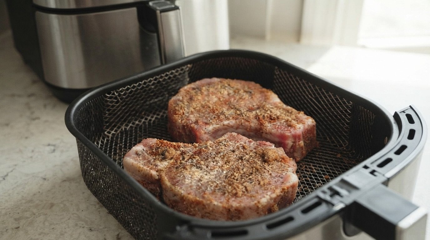 Chuletas de cerdo colocadas en la cesta de la freidora de aire