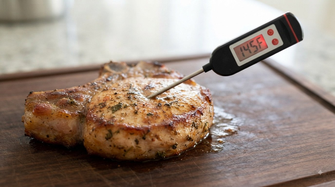 Termómetro de cocina comprobando la temperatura de una chuleta de cerdo