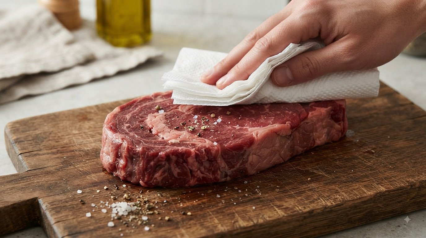 Entrecot de cerdo crudo siendo secado con papel de cocina