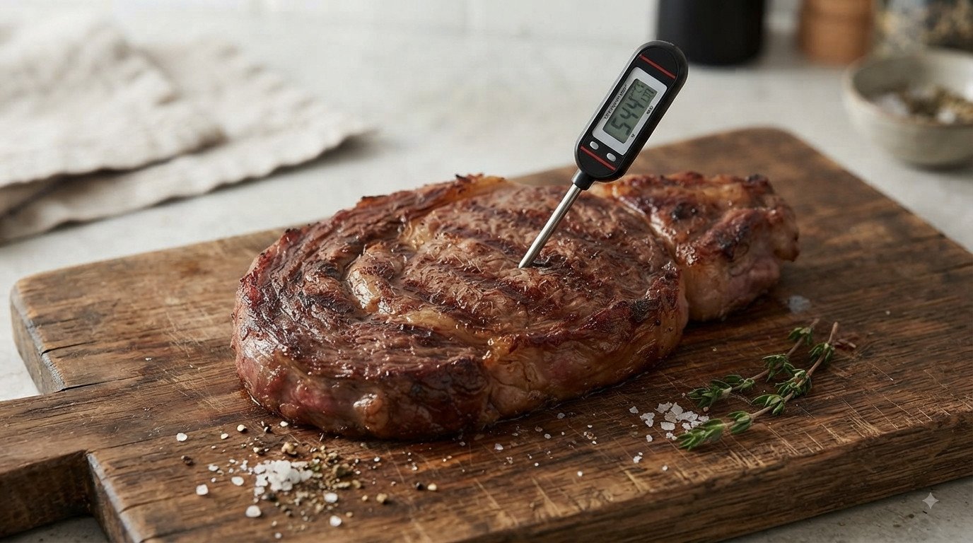 Termómetro de cocina insertado en el entrecot de cerdo mostrando la temperatura interna