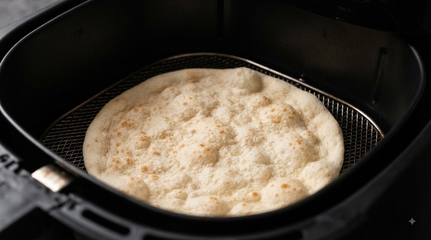 Base de pizza individual de masa fina siendo precocinada en la cesta de la freidora de aire